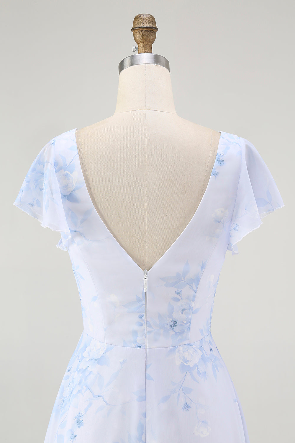 Dusty Sage A-Line Chiffon Flutter Sleeves Print Floral Bridesmaid Dress with Slit