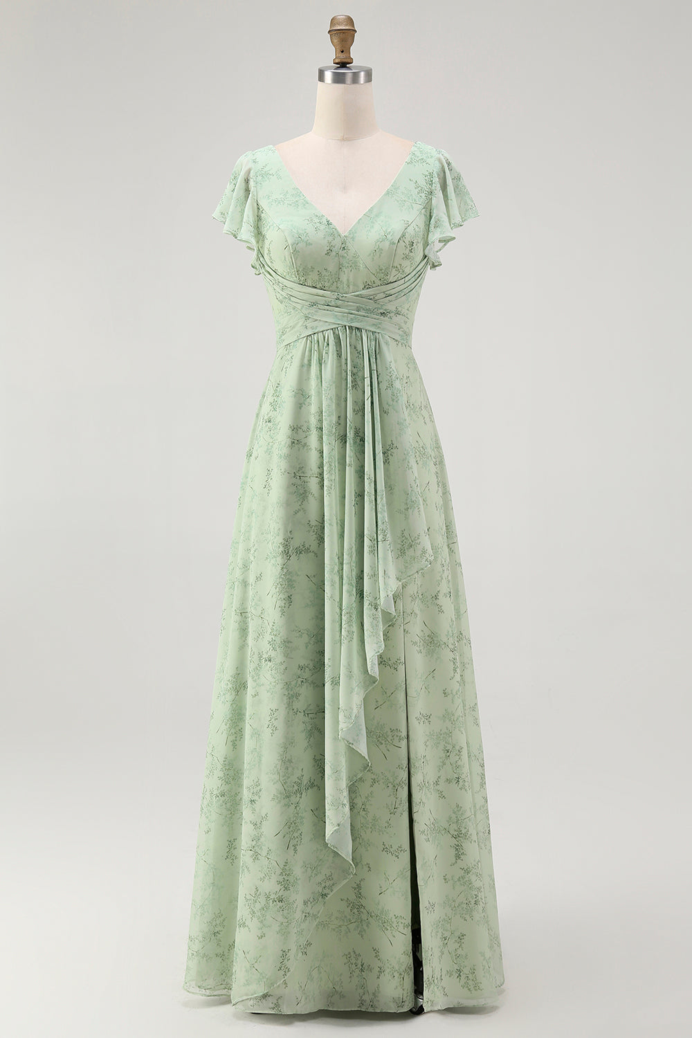 Dusty Sage A-Line Chiffon Flutter Sleeves Print Floral Bridesmaid Dress with Slit