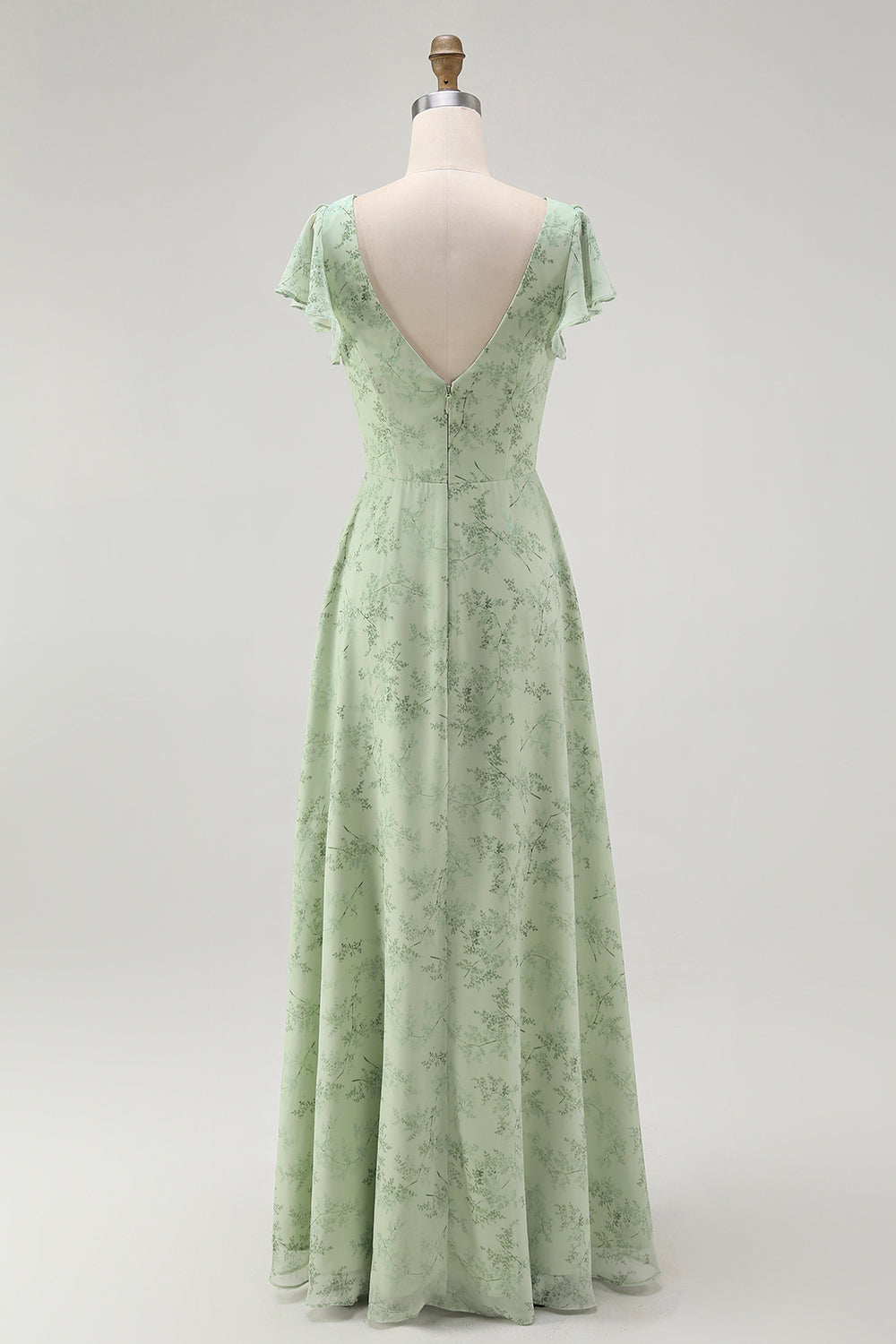 Dusty Sage A-Line Chiffon Flutter Sleeves Print Floral Bridesmaid Dress with Slit