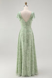 Dusty Sage A-Line Chiffon Flutter Sleeves Print Floral Bridesmaid Dress with Slit