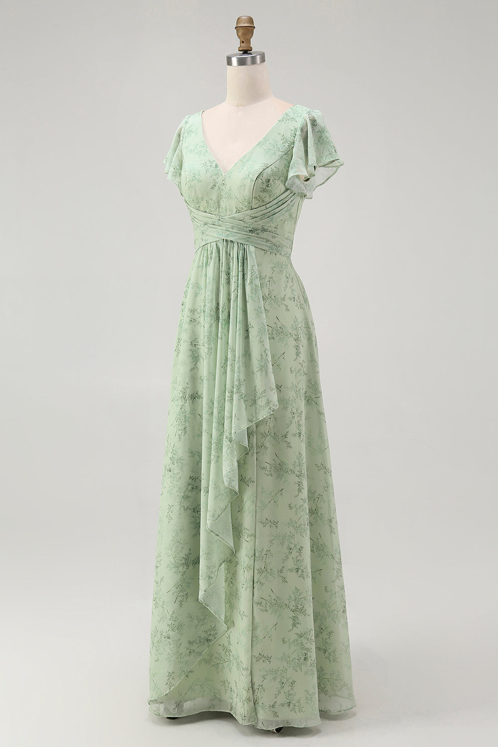 Dusty Sage A-Line Chiffon Flutter Sleeves Print Floral Bridesmaid Dress with Slit