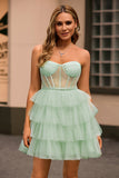 Light Green A Line Strapless Corset Tiered Mini Prom Dress