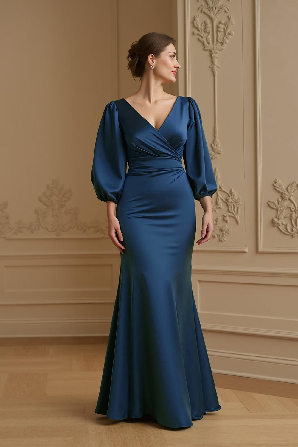 Mermaid Satin V Neck Navy Wedding Guest Dress with 3/4 Sleeves