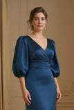 Mermaid Satin V Neck Navy Wedding Guest Dress with 3/4 Sleeves