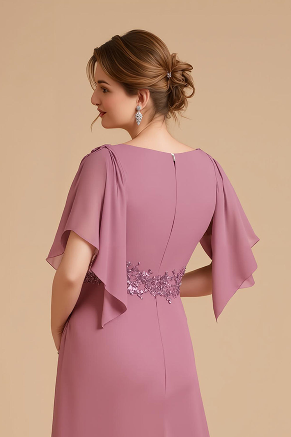 Dusty Rose A Line Flutter Sleeve Chiffon Wedding Guest Dress with Appliques