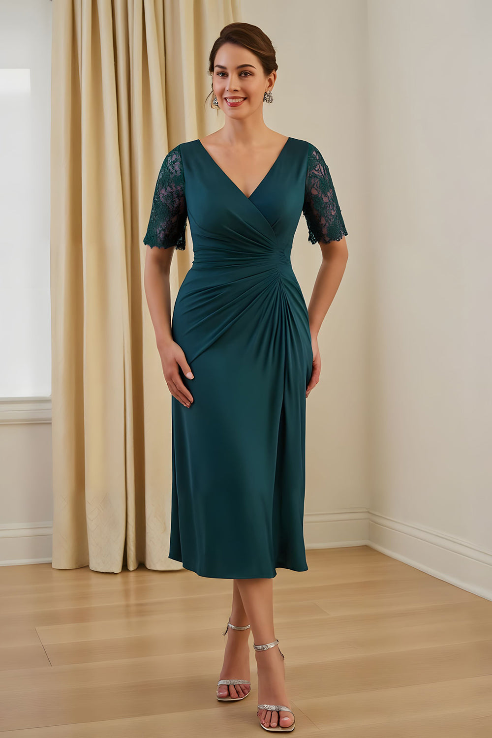 Pine Sheath V Neck Ruched Midi Mother Of The Bride Dress