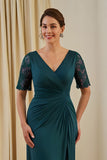 Pine Sheath V Neck Ruched Midi Mother Of The Bride Dress