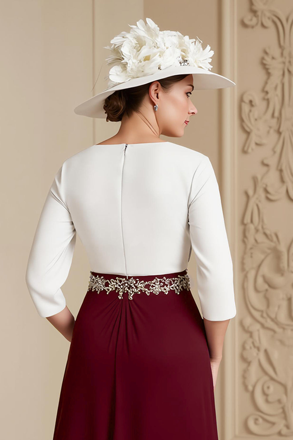 Grape 3/4 Sleeve Bateau Neck A Line Midi Wedding Guest Dress