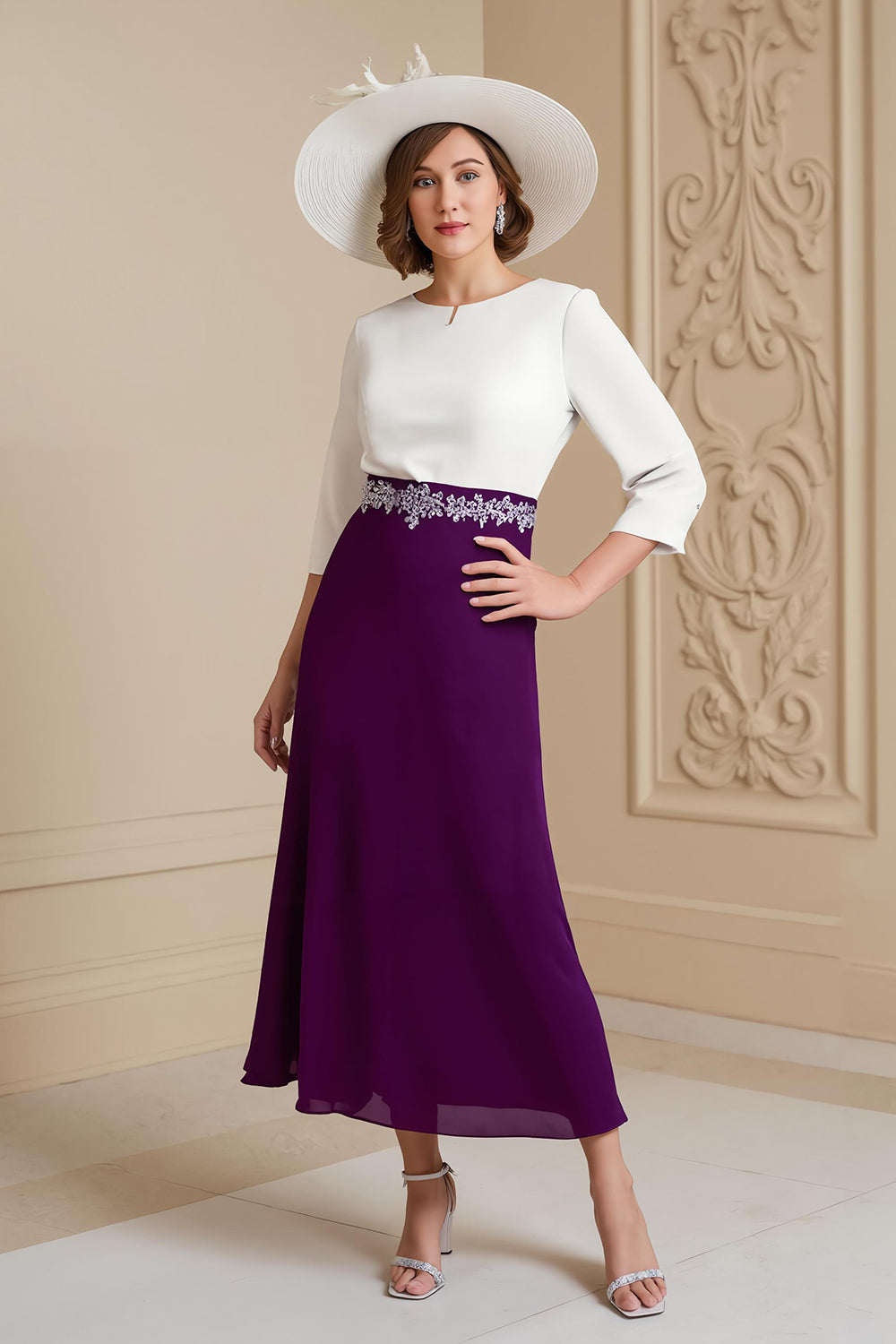 Grape 3/4 Sleeve Bateau Neck A Line Midi Wedding Guest Dress