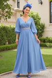 Dusty Blue A Line 3/4 Sleeve Chiffon Wedding Guest Dress with Beading