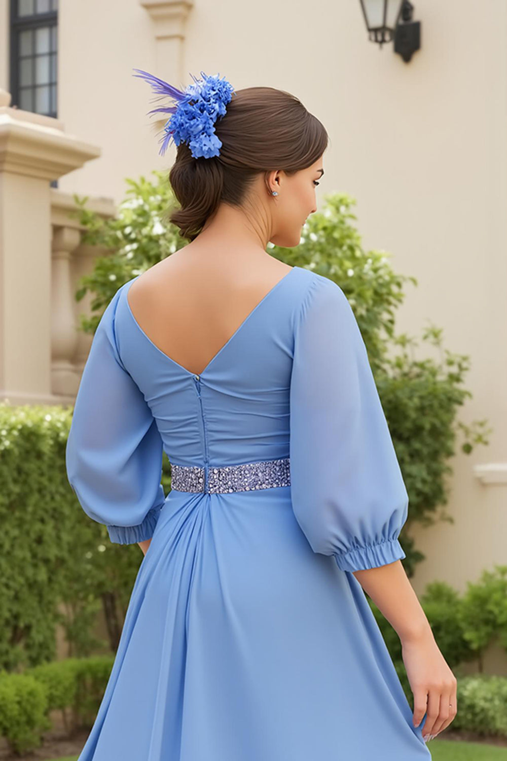 Dusty Blue A Line 3/4 Sleeve Chiffon Wedding Guest Dress with Beading
