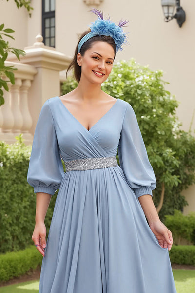 WEDTREND Women Dusty Blue Wedding Guest Dress with Beading A Line 3/4