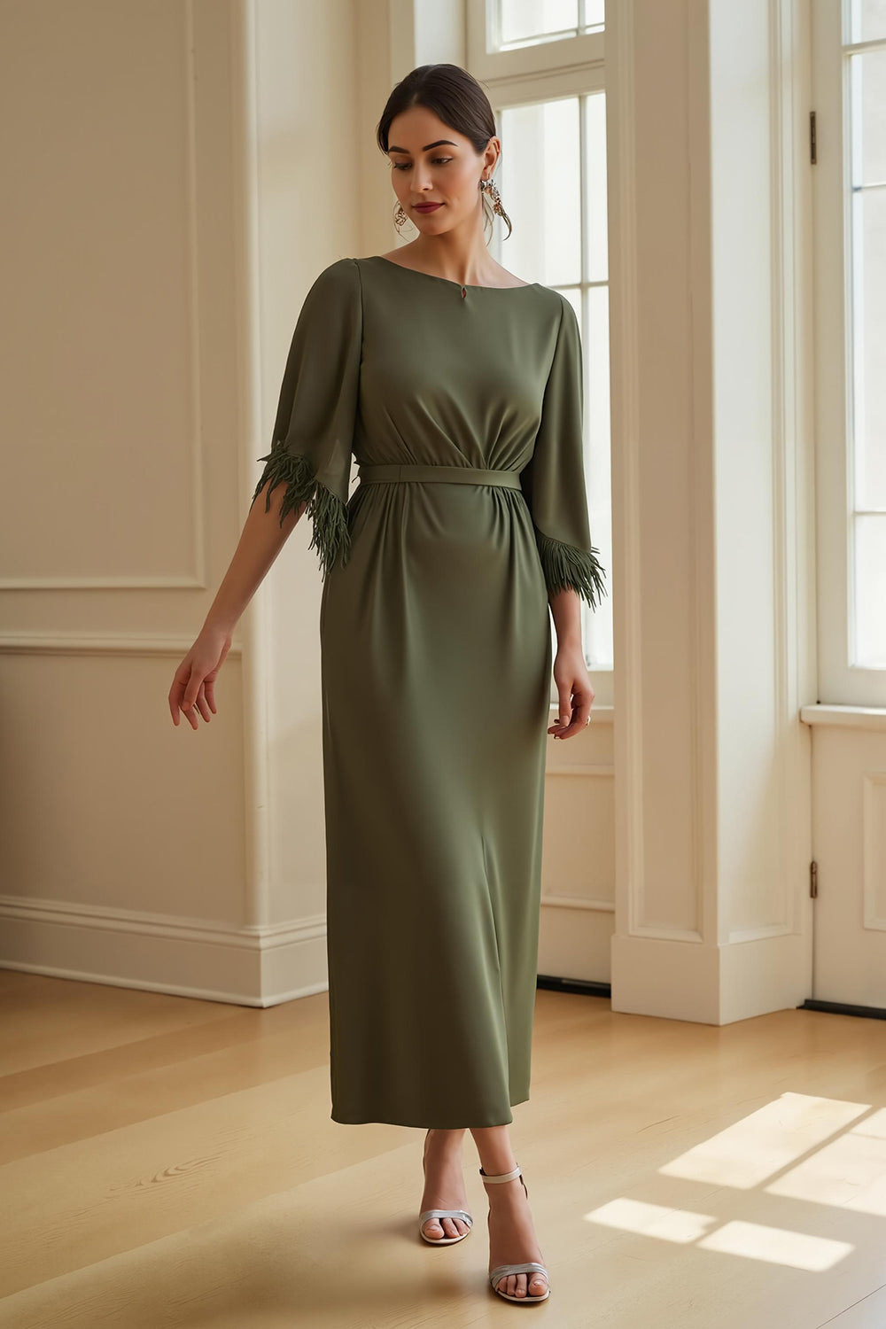 Olive Sheath Bateau Neck Tea Length Wedding Guest Dress with Feathers