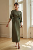Olive Sheath Bateau Neck Tea Length Wedding Guest Dress with Feathers