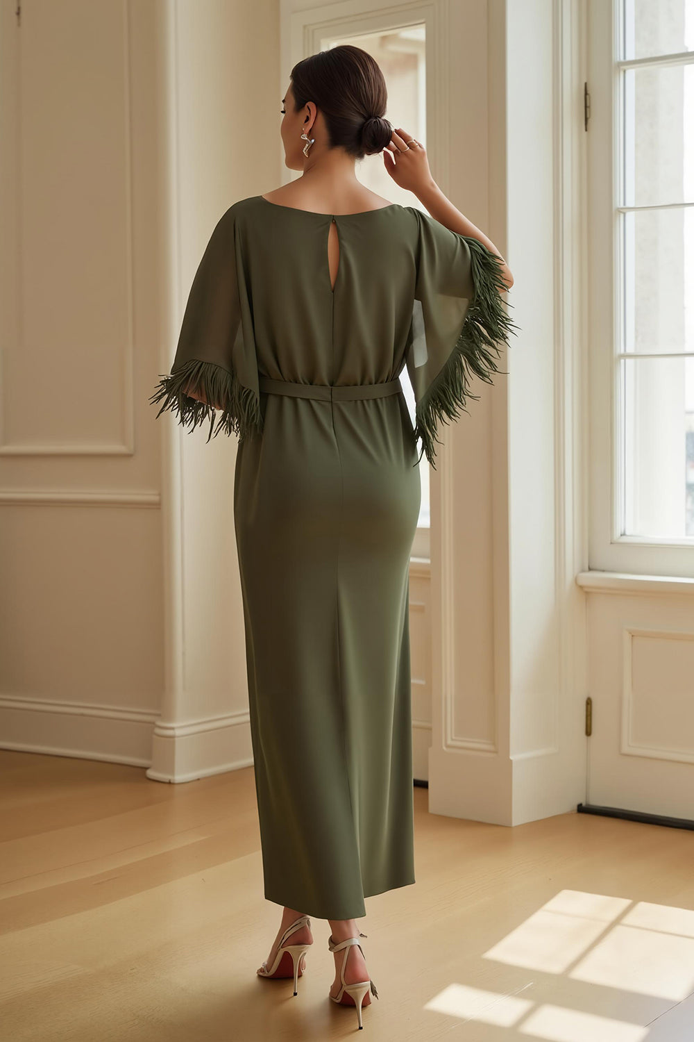Olive Sheath Bateau Neck Tea Length Wedding Guest Dress with Feathers