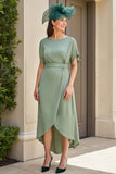 Eucalyptus Chiffon Bateau Neck Tea Length Wedding Guest Dress