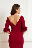 Dark Red Bateau Neck Ruched Sheath Wedding Guest Dress with Feathers