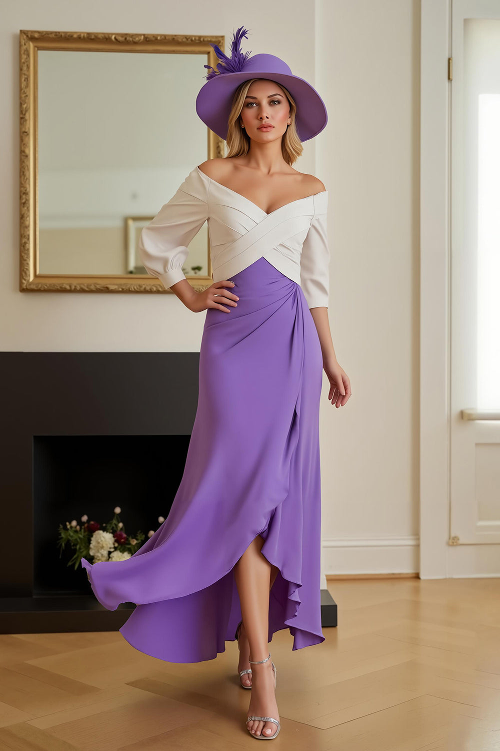 Purple Chiffon High-Low A Line Off the Shoulder Wedding Guest Dress