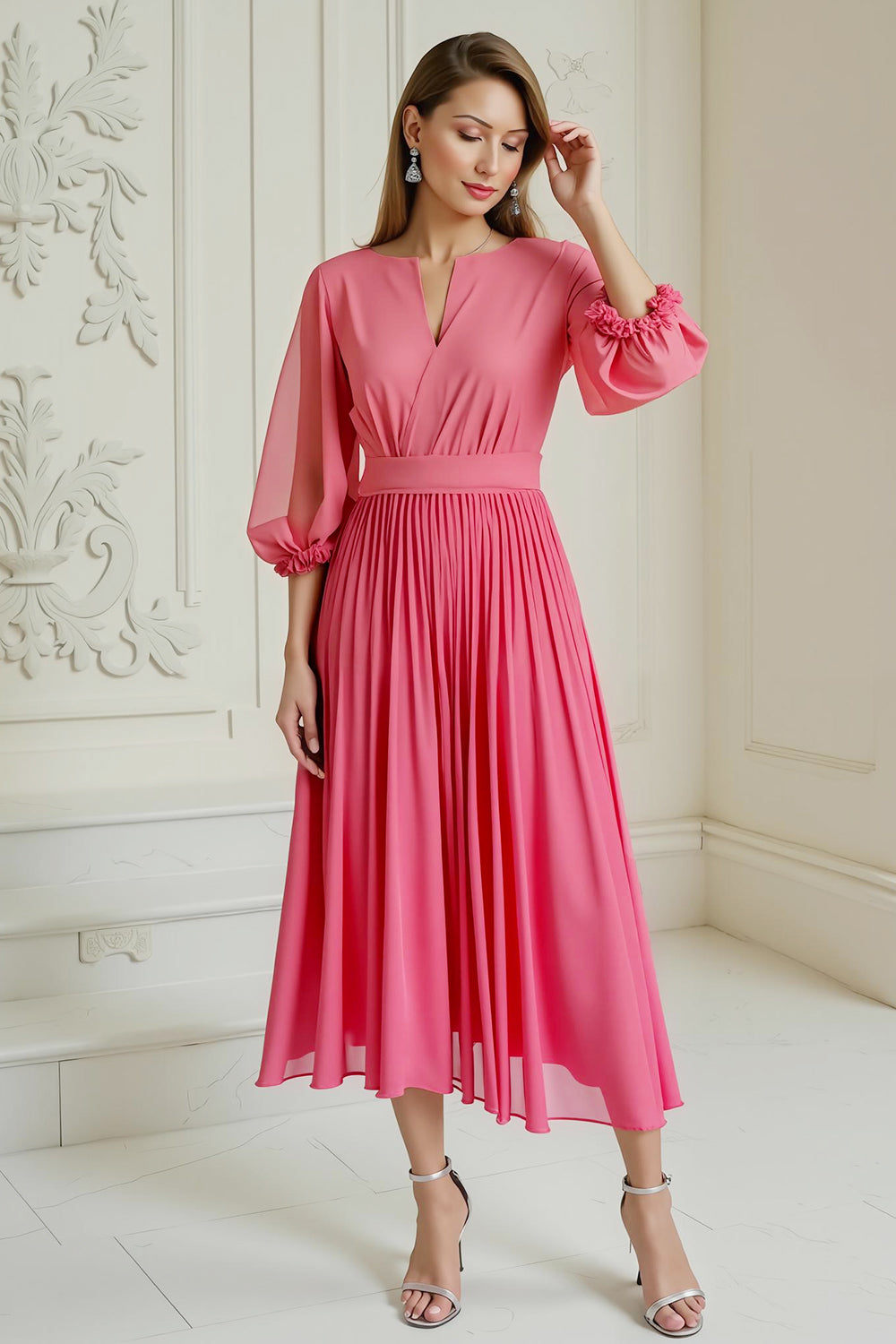 Hot Pink A Line Pleated Chiffon Wedding Guest Dress