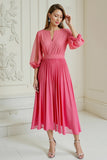 Hot Pink A Line Pleated Chiffon Wedding Guest Dress