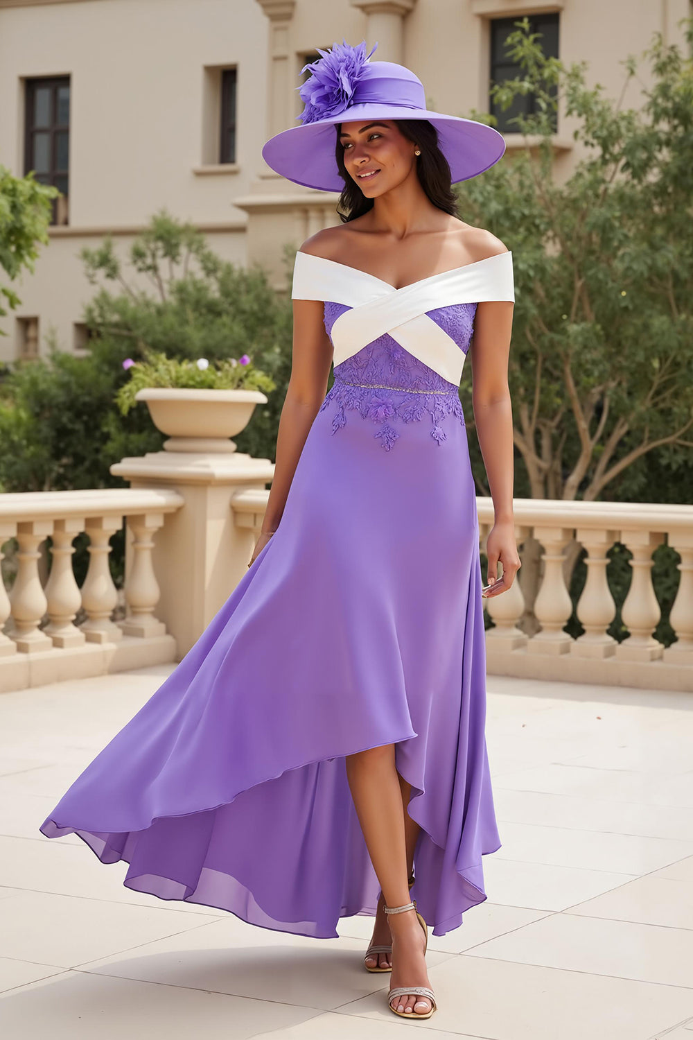 Purple Chiffon A Line High-Low Off the Shoulder Wedding Guest Dress