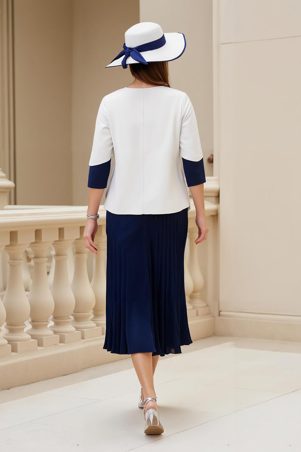 Navy 2 Piece Stretch Satin A Line Wedding Guest Dress