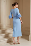 Light Blue Stretch Satin Bateau Neck Sheath Wedding Guest Dress with Feather
