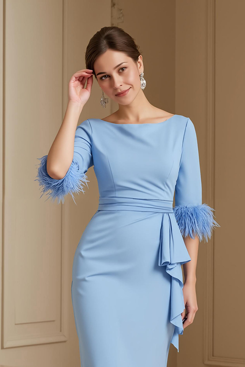 Light Blue Stretch Satin Bateau Neck Sheath Wedding Guest Dress with Feather