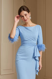 Light Blue Stretch Satin Bateau Neck Sheath Wedding Guest Dress with Feather