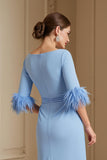Light Blue Stretch Satin Bateau Neck Sheath Wedding Guest Dress with Feather
