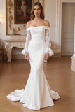 Long Sleeve Appliqued Off The Shoulder Ivory Mermaid Wedding Dress With Court Train