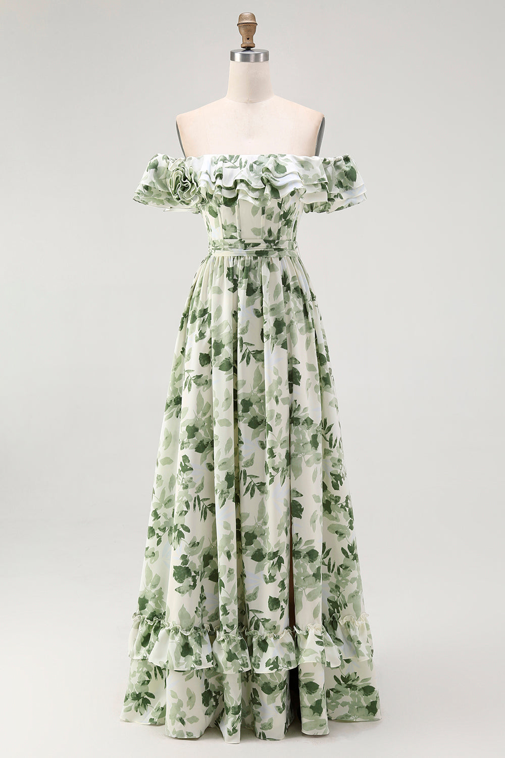 White Green Leaf A-Line Off The Shoulder Print Bridesmaid Dress with Ruffles