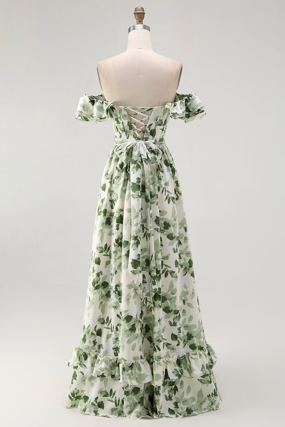 White Green Leaf A-Line Off The Shoulder Print Bridesmaid Dress with Ruffles