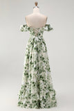 White Green Leaf A-Line Off The Shoulder Print Bridesmaid Dress with Ruffles