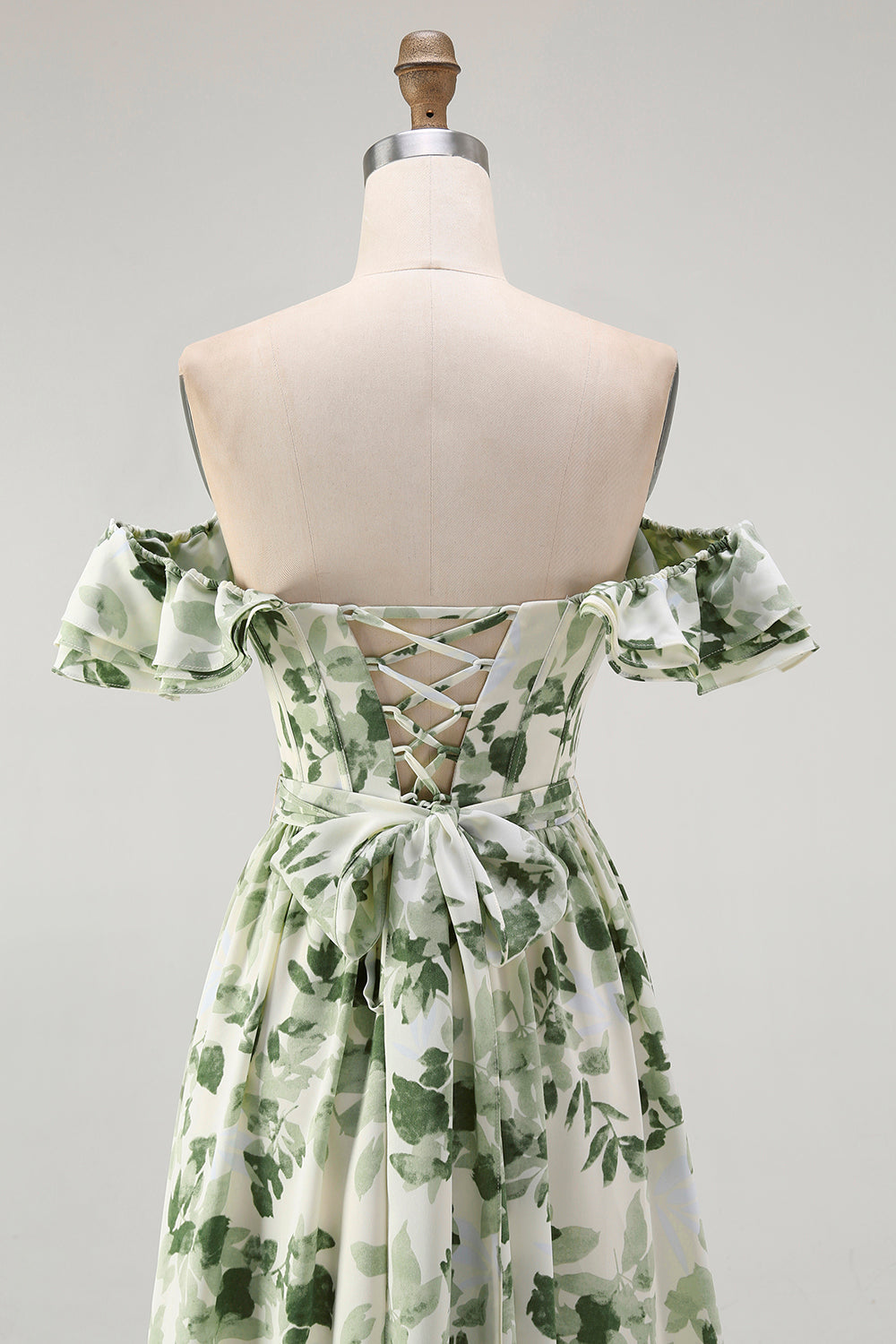 White Green Leaf A-Line Off The Shoulder Print Bridesmaid Dress with Ruffles