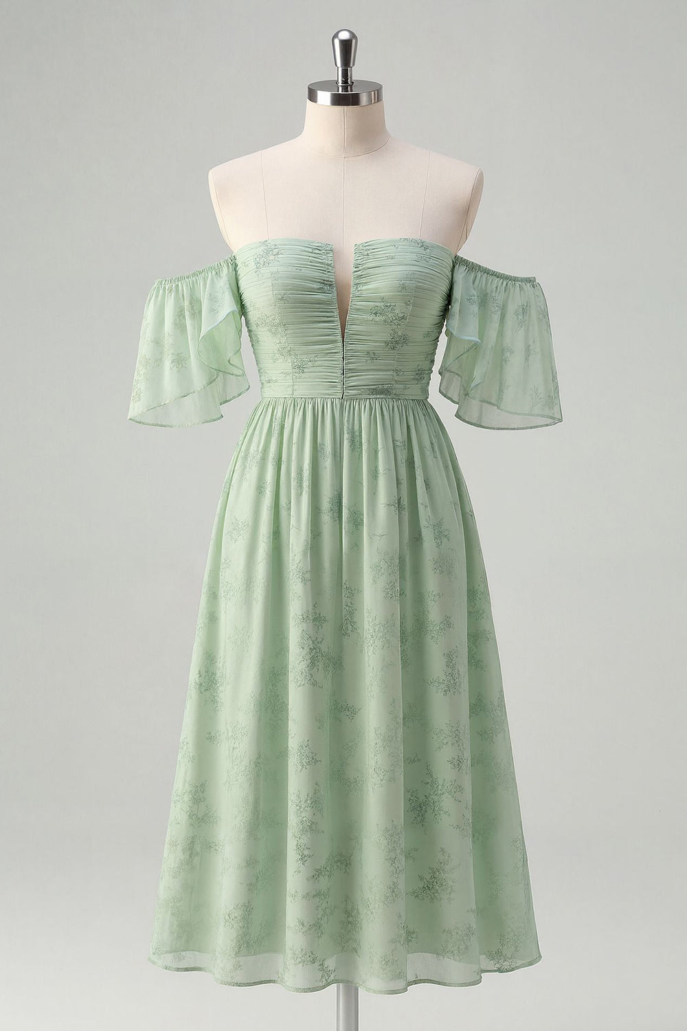 Sage Green A-Line Off The Shoulder Print Floral Midi Dress