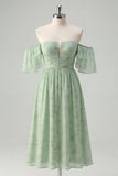 Sage Green A-Line Off The Shoulder Print Floral Midi Dress