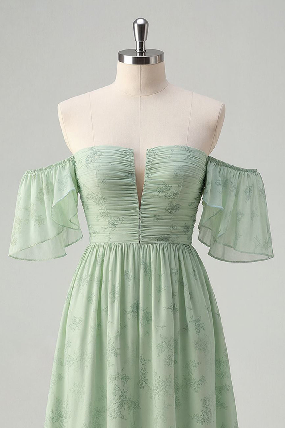 Sage Green A-Line Off The Shoulder Print Floral Midi Dress