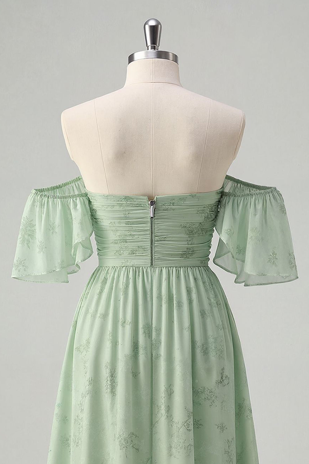 Sage Green A-Line Off The Shoulder Print Floral Midi Dress