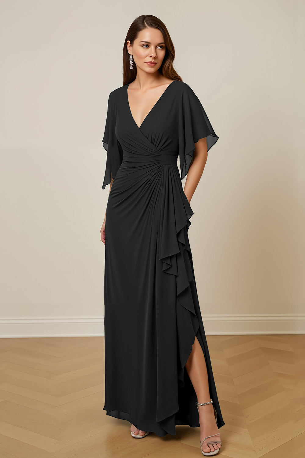 Dark Green Ruched Mother of the Bride Dress with Flutter Sleeves
