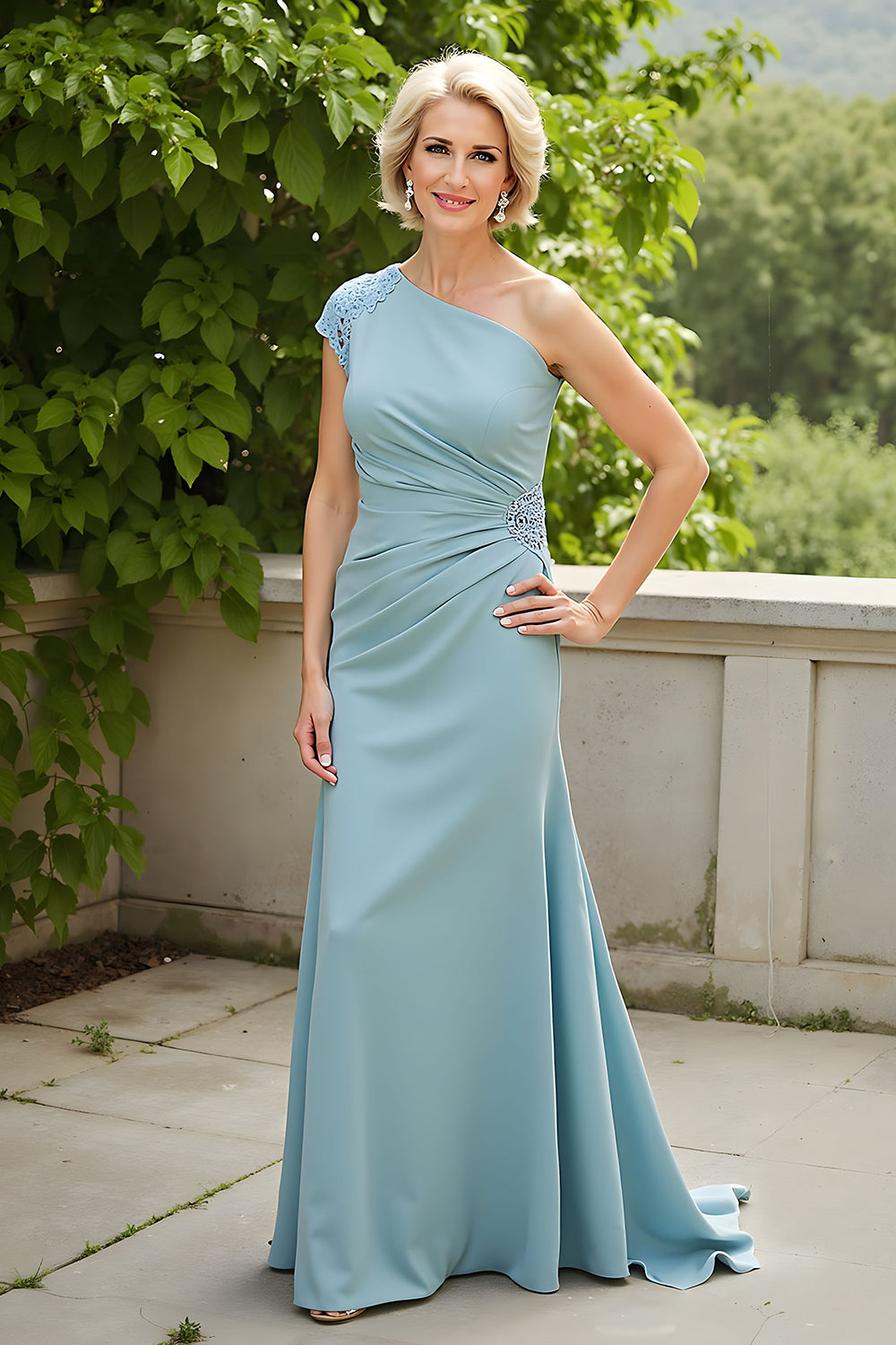 Light Blue Sheath One Shoulder Mother of the Bride Dress with Appiques