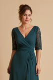Pine V Neck Chiffon Half Sleeve Midi Mother of the Bride Dress