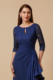 Navy Sheath Chiffon Ruffled Ruched Long Mother of the Bride Dress with Sleeves