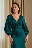 Pine Satin Mermaid V-Neck Long Mother of the Bride Dress with Sleeves