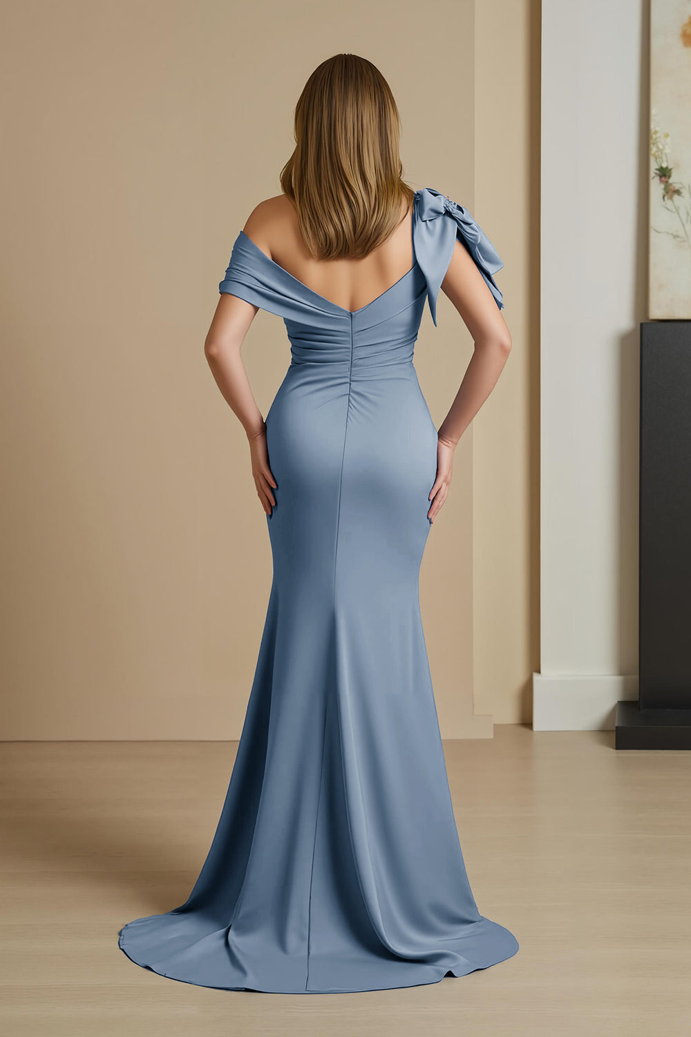 Dusty Blue Mermaid Satin Off The Shoulder Mother of the Bride Dress with Bow