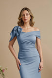 Dusty Blue Mermaid Satin Off The Shoulder Mother of the Bride Dress with Bow