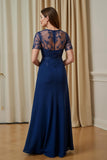 Navy Chiffon A Line Appliqued Illusion Boat Neck Long Mother of the Bride Dress with Sleeves