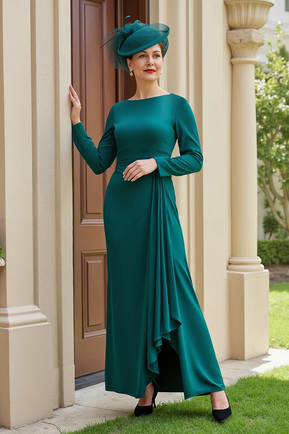 Dark Green A-Line Bateau Long Sleeves Mother of the Bride Dress with Slit