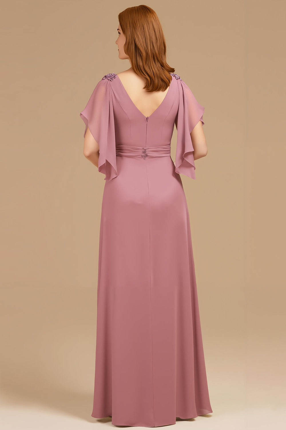 A-Line Grape V-Neck Ruched Flutter Sleeve Long Mother of the Bride Dress
