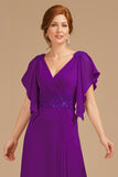 A-Line Grape V-Neck Ruched Flutter Sleeve Long Mother of the Bride Dress